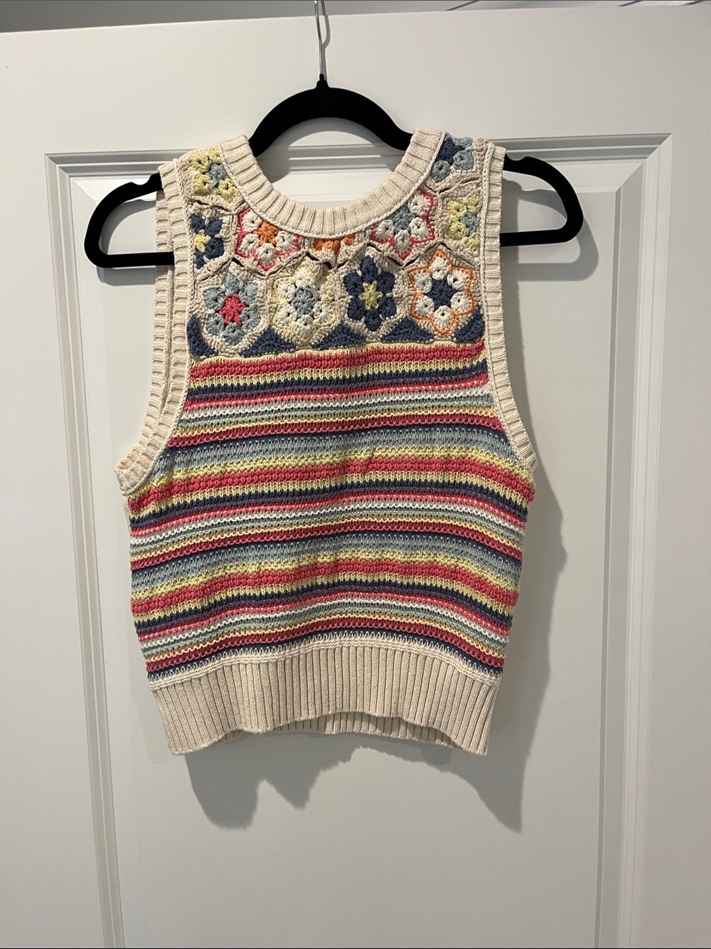 American Eagle Outfitters Crochet Yoke Striped Tank - Cream Multicolor